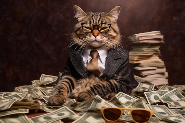 Photo striped cat wearing suit and glasses sitting in workspace stylish like a boss with lots money