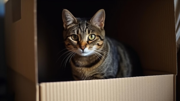 Striped Cat with Yellow Eyes in His Cardboard House