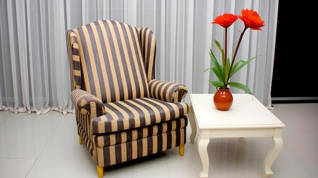 Striped Chair and Small Table in a Cozy Living Room