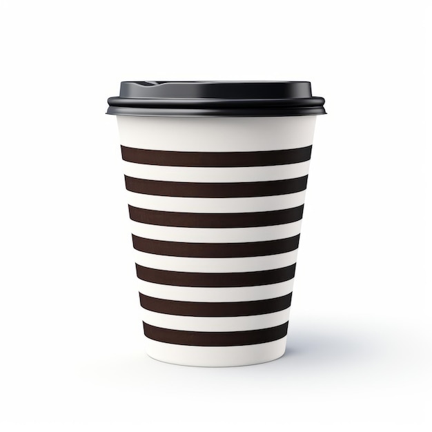 Photo striped coffee cup with black lid on white background