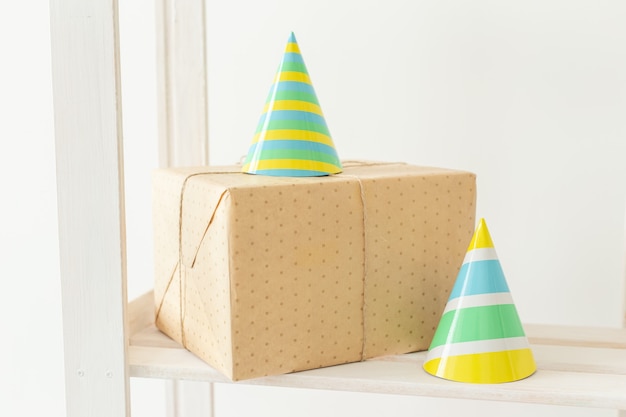 Striped colourful cones hats. Birthday holiday party concept.