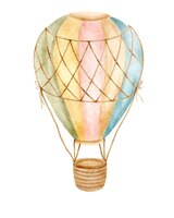 Illustrazione disegnata a mano di colori luminosi della mongolfiera a strisce isolata su priorità bassa bianca