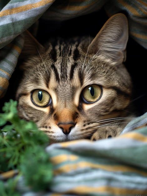 Striped domestic cat hiding under blanket