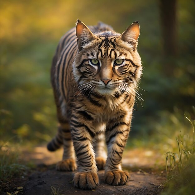 Striped feline its gaze captivatingly intense into the wilds of nature Ai Generated