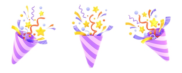 Foto petardo a strisce con coriandoli volanti vista frontale e angolare cartoon 3d render set di party popper con spirali di nastro viola e stelle dorate isolato cracker sorpresa di compleanno