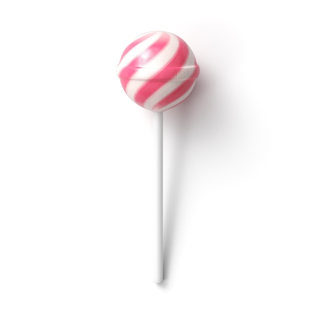 Striped fruit pink and white lollipop on stick on white background