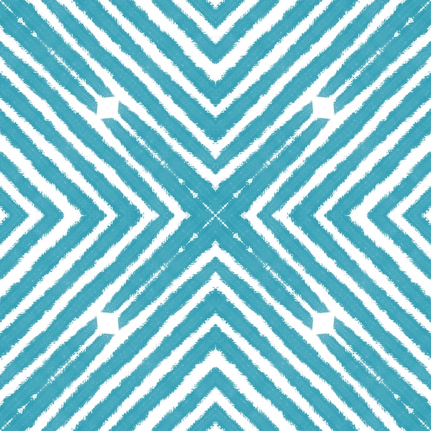 Striped hand drawn pattern. Turquoise symmetrical kaleidoscope background. Textile ready outstanding print, swimwear fabric, wallpaper, wrapping. Repeating striped hand drawn tile.