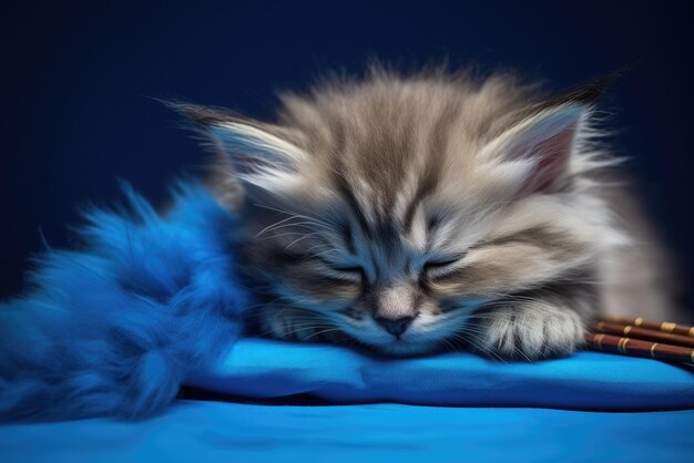Striped kitten sleep on blue color blanket