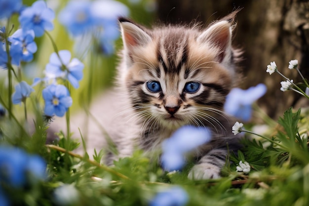 Полосатый котенок с широко открытыми голубыми глазами лежит на стороне между цветами