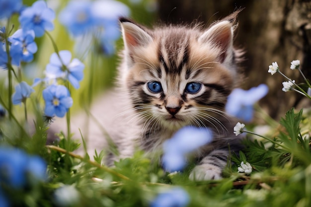 A striped kitten with wide open blue eyes lays on side between flowers