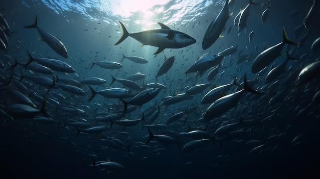 Striped marlin and sea lion hunting in sardine bait ball in pacific ocean Generative ai