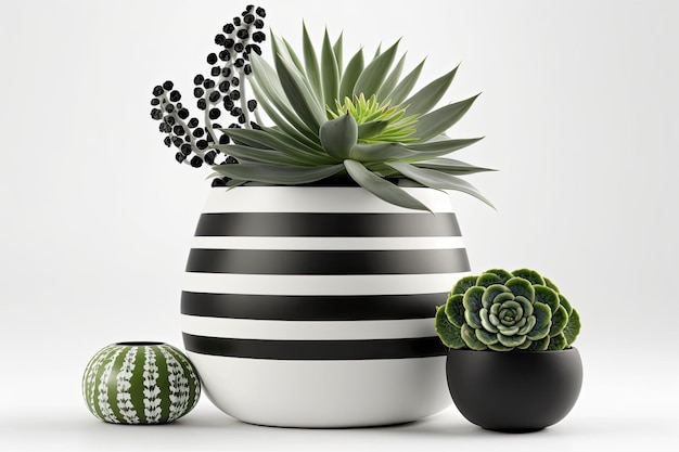 Striped plastic black and white vase and ceramic succulent plant isolated on white background