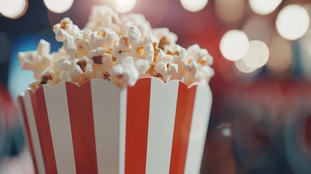 Striped popcorn box overflowing with fluffy kernels at the cinema