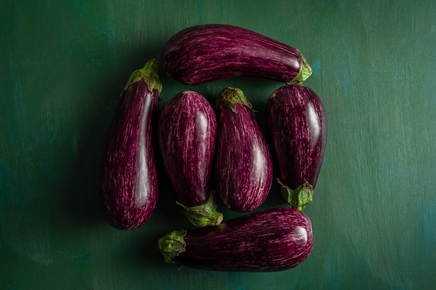 Striped purple eggplants on dark green background