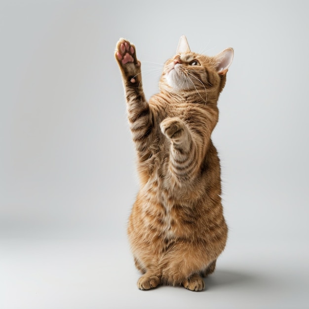 A striped red cat sits on its hind legs raised its front paws up and looks up on a white floor in studio Portrait of a pet in motion Studio photo of funny cat doing trick