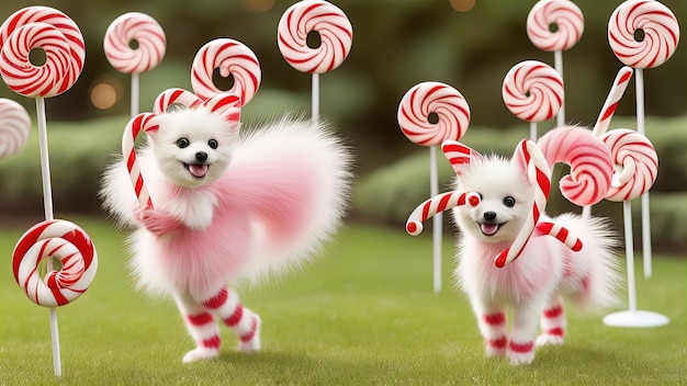 Striped red and white liquorice candies and funny fluffy animals fabulous children's image