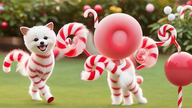 Полосатые красно-белые лакричные конфеты и забавные пушистые зверюшки сказочный детский образ