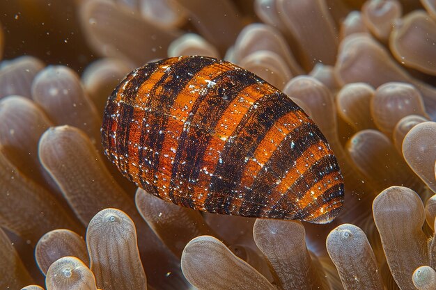 Striped tiger cowrie schelp rust op een koraalkolonie