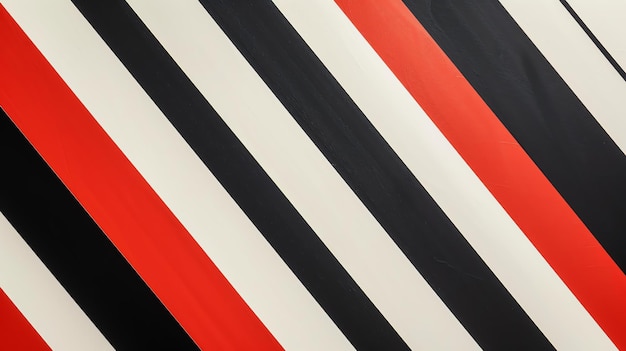 Stripes painted on a wall with red black and white colors The stripes are diagonal and of equal width The background is white