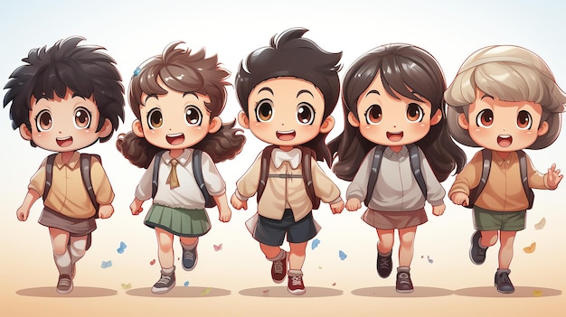 Stripfiguren van schattige kinderen Illustratie van gelukkige basisschoolkinderen die naar school rennen met rugzakken AI gegenereerd