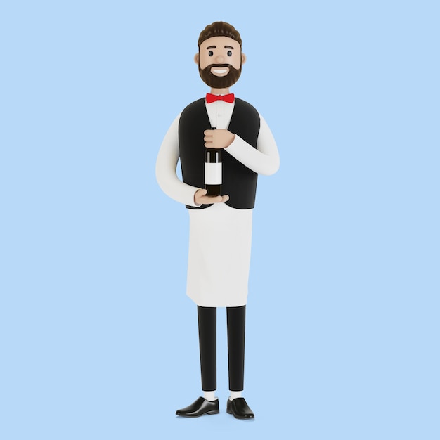 Stripfiguur van een ober met een fles wijn. 3D illustratie.