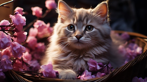 Photo stripped kitten is sitting in a basket full of spring lilacs and look at camera generative ai
