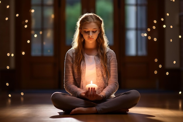 Foto si sforza di perfezionare la sua ripresa di pranayama di una giovane donna che pratica lo yoga