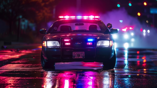 Photo strobe lights of police car at night