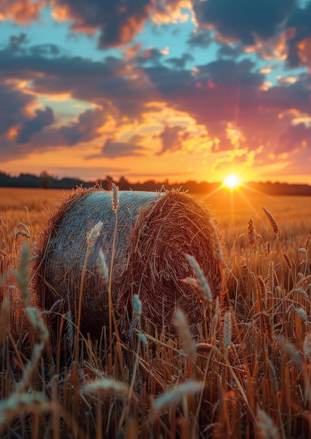 Stroebalen op het veld bij zonsondergang