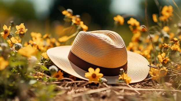 Foto strohoed en zonnebril op gras met gele bloem