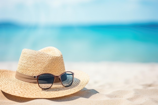 Strohoed en zonnebril op het strand Strand Generatieve ai