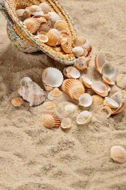 Strohoed gevuld met schelpen verzameld aan de kust en op het zandstrand gegooid