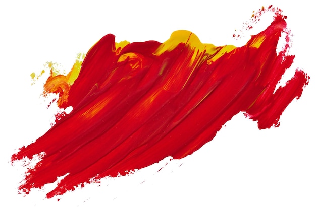 Photo strokes of red paint yellow acrylic paint mixed around the edges