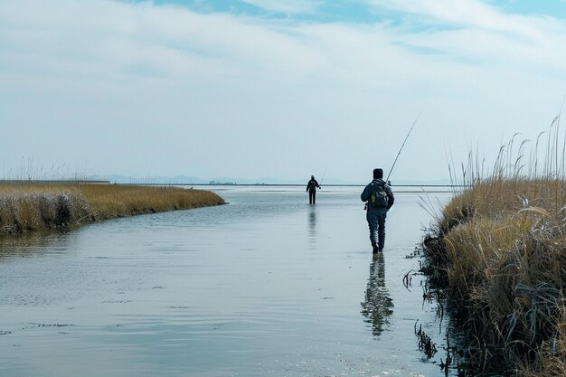 Photo stroll along the quiet estuaries where fishermen w generative ai