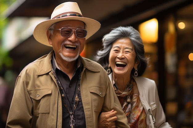 A Stroll Down Memory Lane Elderly Asian Couple Radiates Happiness While Walking Hand in Hand