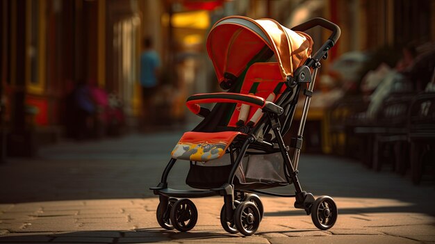 Stroller Resting on Sidewalk Beside Serene Waterway Baby Items