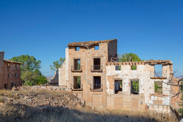 Strolling through the old town of Belchite in ruins because of the Spanish civil war in the province of Zaragoza Autonomous Community of Aragon Spain