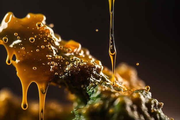 Stromende gouden druppels cannabiswasextract thc levende hars Generatieve AI