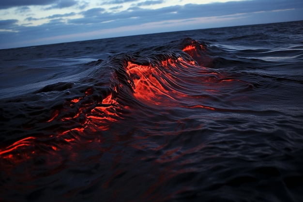 Stromende rode lava stroomt in een donkere oceaan