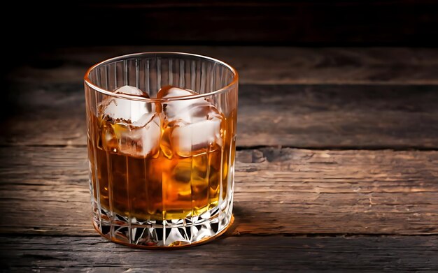 Strong alcoholic drink of brandy whiskey in a glass with ice cubes on a dark wooden background top view copy space