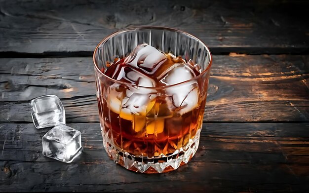 濃い木製の背景の上部のコピースペースに氷の立方体が付いたグラスに強いブランディ・ウィスキーを飲む
