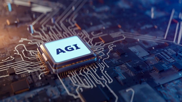 Strong Artificial Intelligence AGI motherboard and CPU background 3D rendering