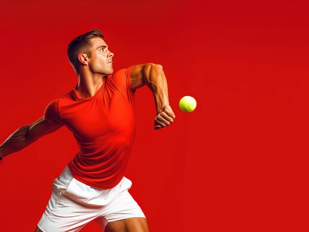 Strong athlete male in red shirt playing tennis on red background