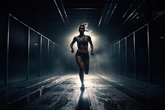 A strong athletic woman sprinter running on black background wearing in the sportswear fitness and sport motivation Runner concept