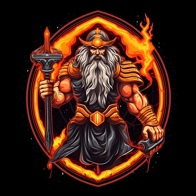 Strong Bearded Old King with Weapons Isolated on Black Background