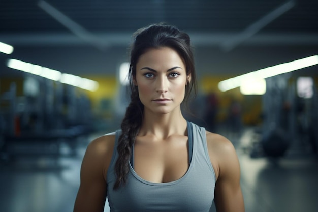 A strong beautiful woman sportsman in gym Fitness club sport life style banner with strong female and copy space for text