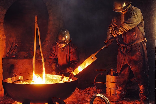 Strong blacksmiths melt metal in large vat to process it on anvil