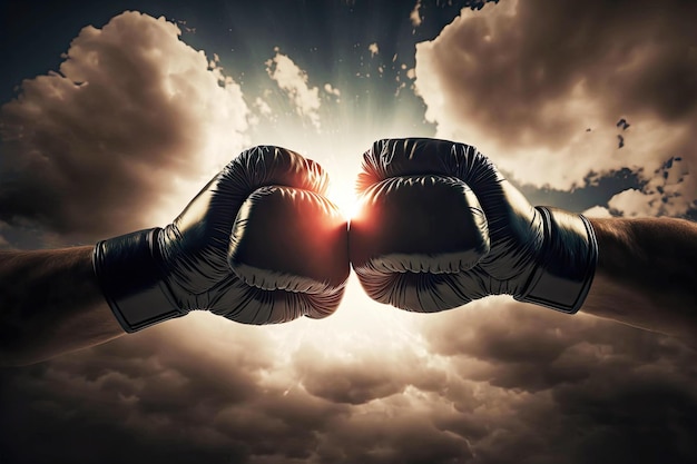 Strong blow with boxing gloves against background of blue sky and clouds mixed martial arts MMA