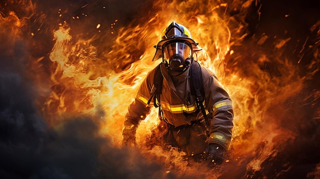 Photo strong and brave fireman in flamesai generative ai