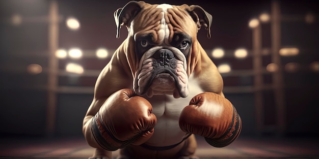 Un forte bulldog che indossa un paio di guantoni da boxe generato dall'intelligenza artificiale